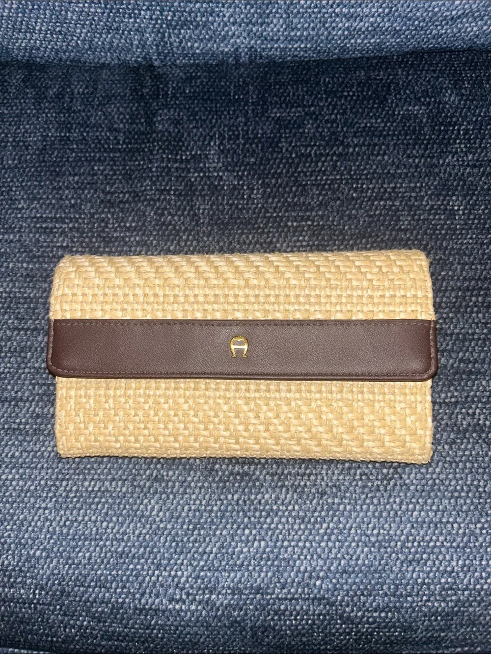 Woven Straw Clutch with Brown Leather Trim